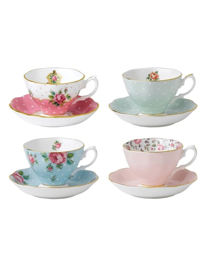 Royal Albert Vintage Mix Teacups & Saucers Set of 4 1 Royal Albert Vintage Mix Teacups & Saucers Set of 4