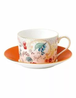 Wedgwood Wonderlust Rococo Flowers Teacup Saucer White/Orange