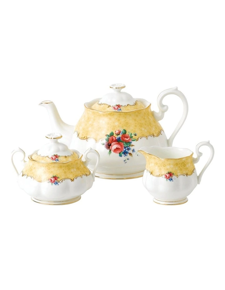 Royal Albert 100 Years 1990 Teapot Cream & Sugar Set White/ Yellow 1 Royal Albert 100 Years 1990 Teapot Cream & Sugar Set White/ Yellow