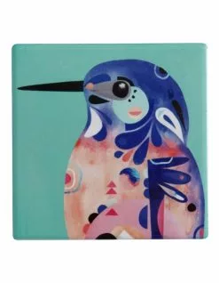 Maxwell & Williams Pete Cromer Ceramic 9.5cm Azure Kingfisher Square Tile Coaster Teal