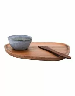 Vue Acacia Plate, Dip Bowls & Knife Set Natural