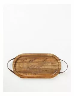 Australian House & Garden Gum Leaf Acacia Serving Tray with Leather Handles