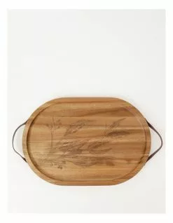 Australian House & Garden Acacia Gum Leaf Serving Tray With Leather Handles 40x27.5cm