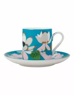 Maxwell & Williams Royal Botanic Gardens Lotus Demi Cup & Saucer 100ML Aqua Gift Boxed