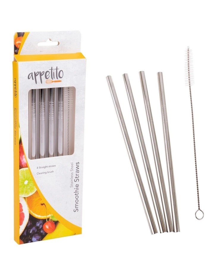 Appetito Stainless Steel Straight Smoothie Straws Set 4 With Brush 2 Appetito Stainless Steel Straight Smoothie Straws Set 4 With Brush - Image 2