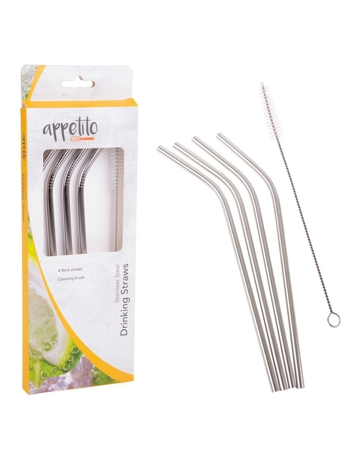 Appetito Stainless Steel Bent Drinking Straws Set 4 with Brush 2 Appetito Stainless Steel Bent Drinking Straws Set 4 with Brush - Image 2